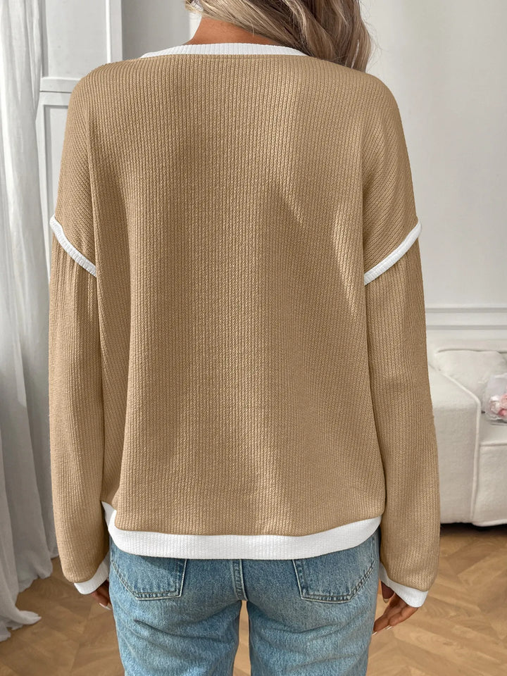Ribbed Contrast Trim Long Sleeve Top | Knit Tops Daverri Fashions