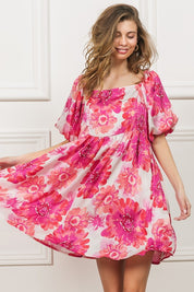 BiBi Floral Square Neck Puff Sleeve Mini Dress Hot Pink