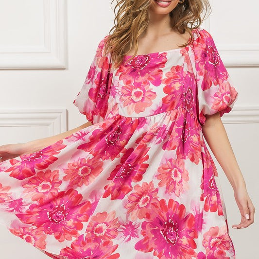 BiBi Floral Square Neck Puff Sleeve Mini Dress Hot Pink