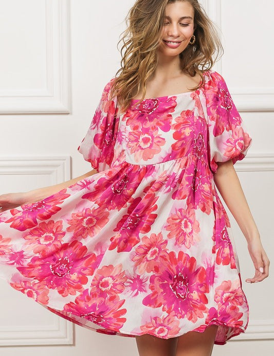 BiBi Floral Square Neck Puff Sleeve Mini Dress Hot Pink