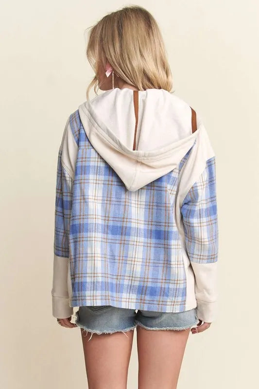 ADORA Button Down Plaid Hoodie Shacket Shackets