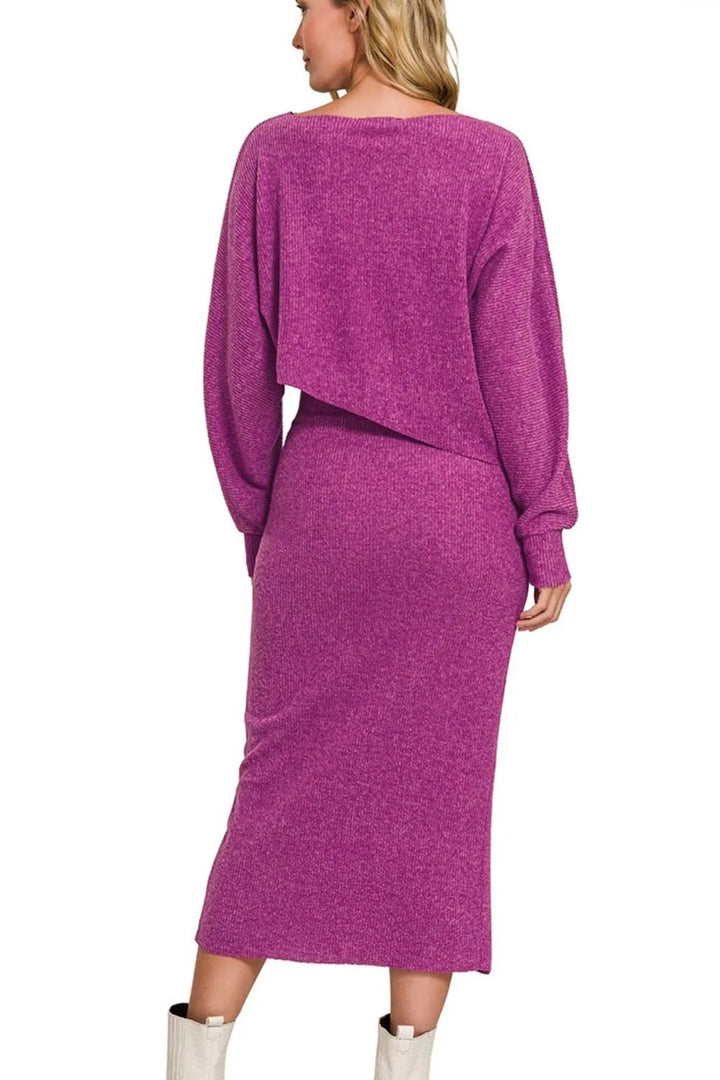 Zenana Ribbed Asymmetric Hem and Sleeve Top & Skirt Set Outfit Sets
