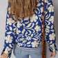 Blue and white floral print long-sleeve elegant jacket with open front and buttoned cuffs