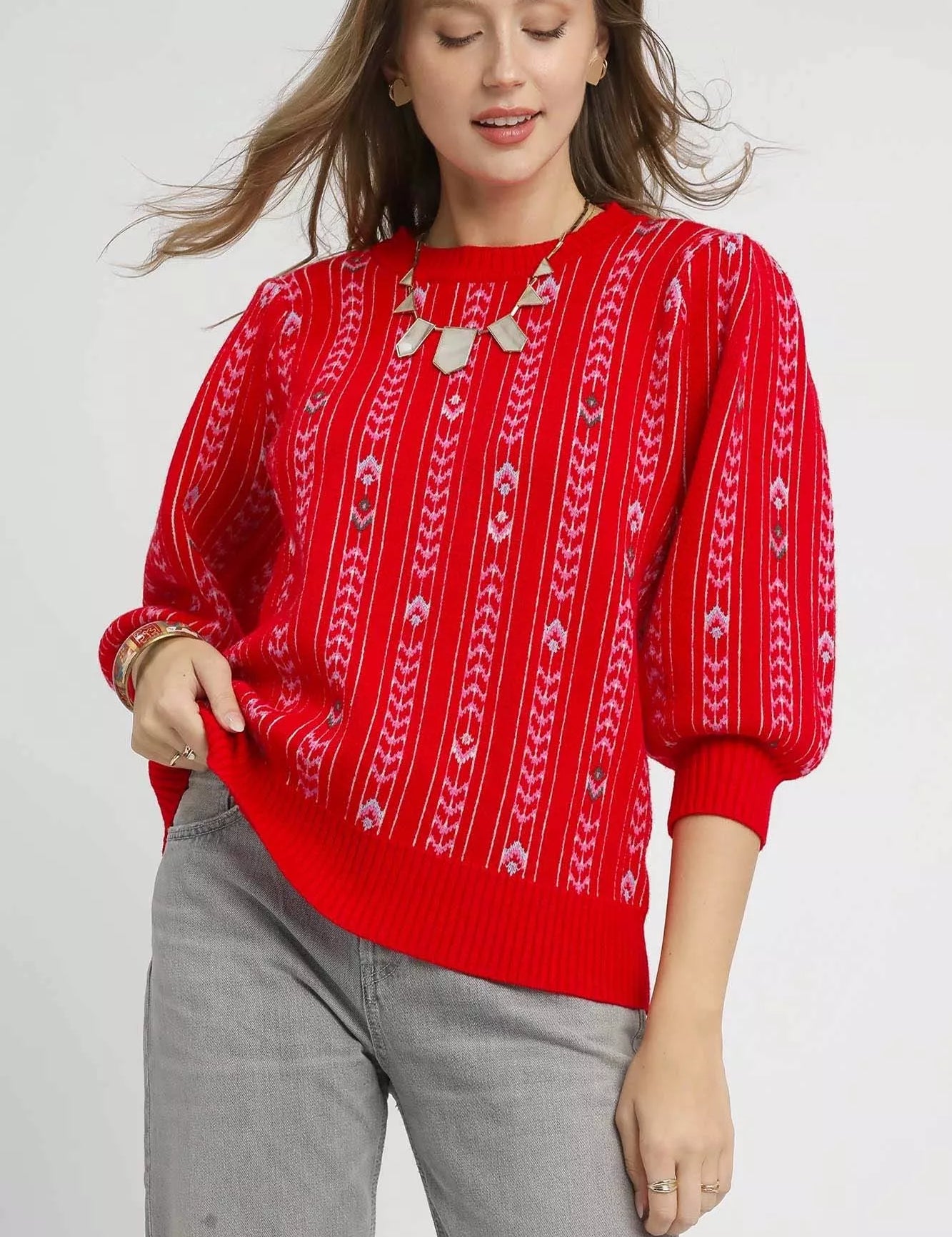Red Umgee Jacquard Knit Puff Sleeve Sweater | Sweaters Daverri Fashions