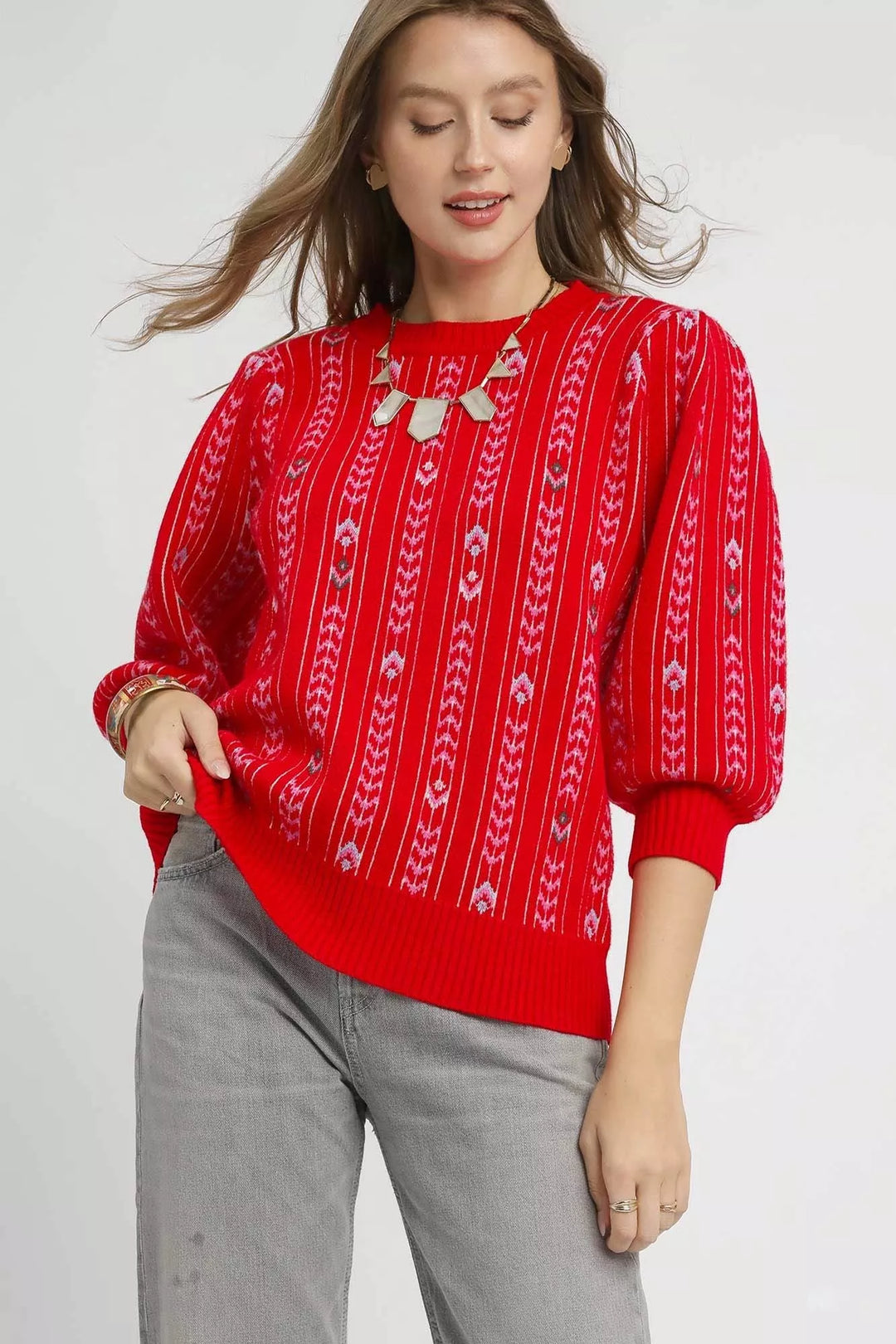 Red Umgee Jacquard Knit Puff Sleeve Sweater | Sweaters Daverri Fashions