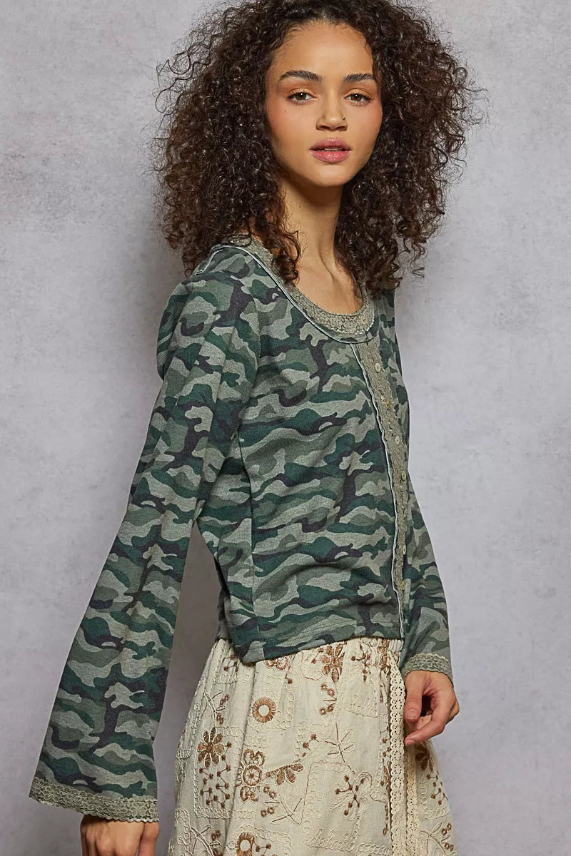 POL Camouflage Print Long Sleeve Top | Blouses Daverri Fashions