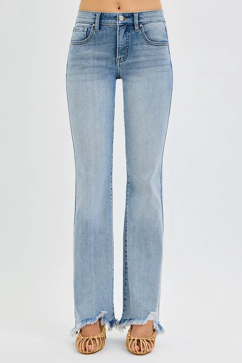RISEN Full Size Tummy Control Mid Rise Flare Jeans with Fray Hem Detailed Plus Size | Jeans Daverri Fashions