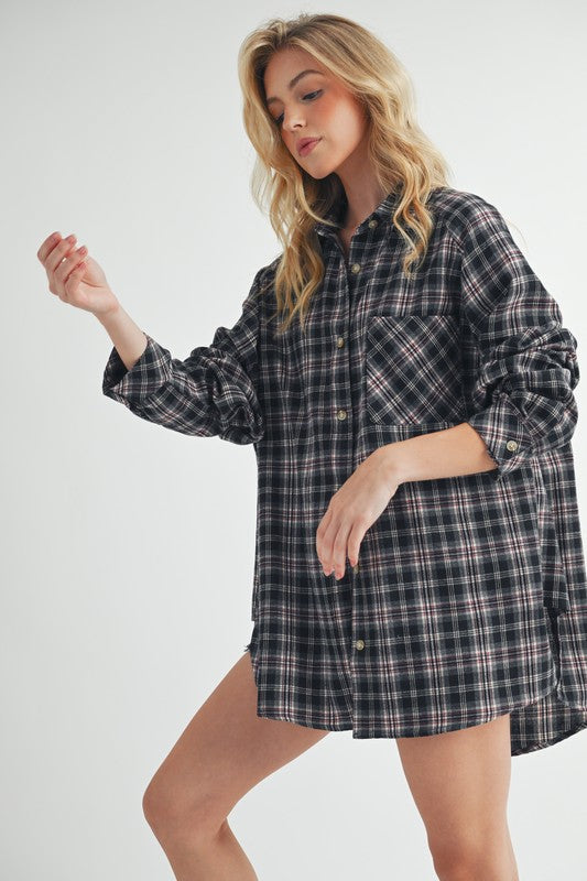 Aemi + Co Plaid Button Up Flannel Shirt with Chest Pocket