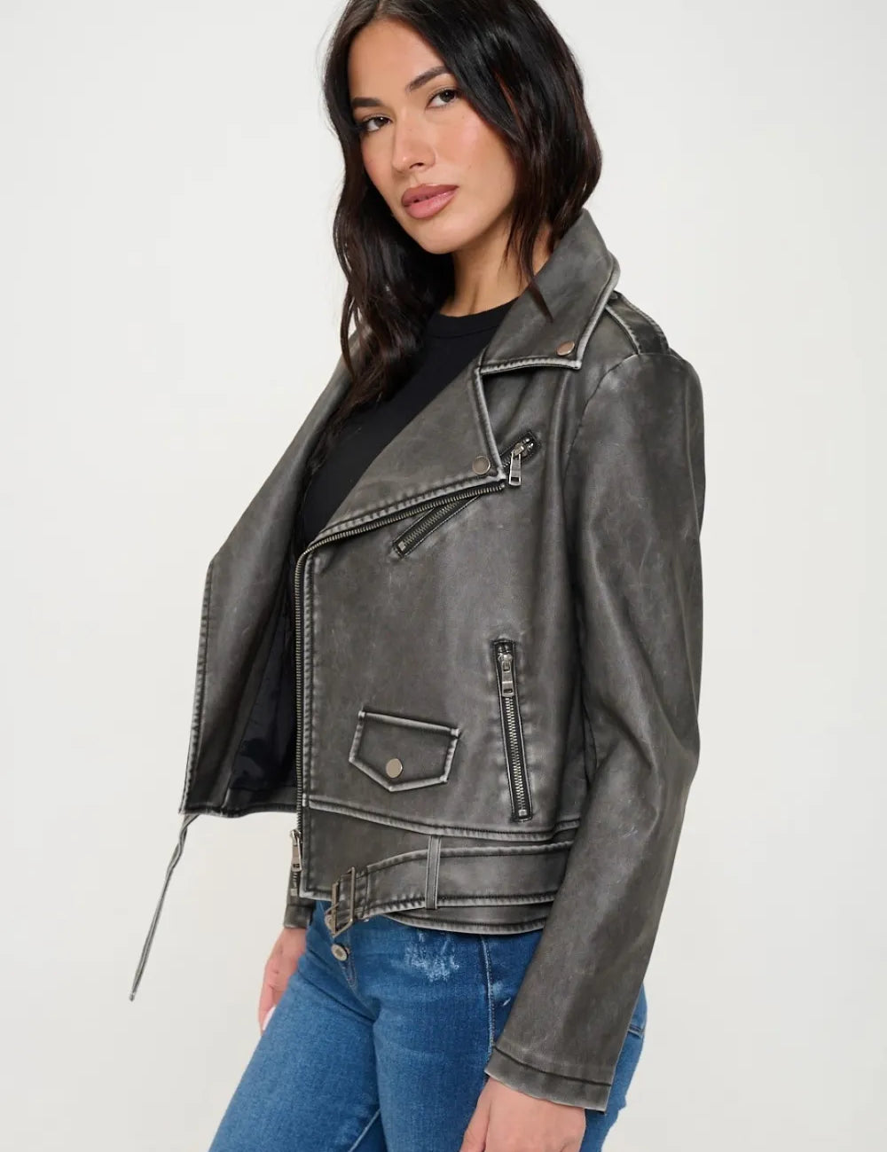 Black S Coalition LA Zip Up Vegan Leather Biker Jacket with Belt | Jackets Daverri Fashions