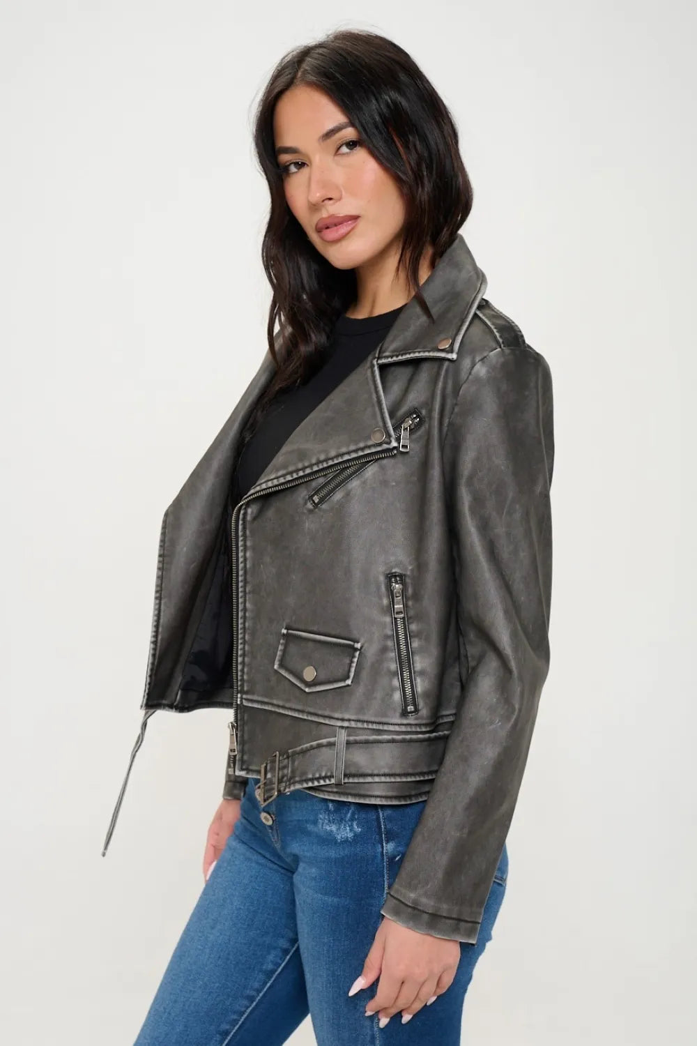 Black S Coalition LA Zip Up Vegan Leather Biker Jacket with Belt | Jackets Daverri Fashions