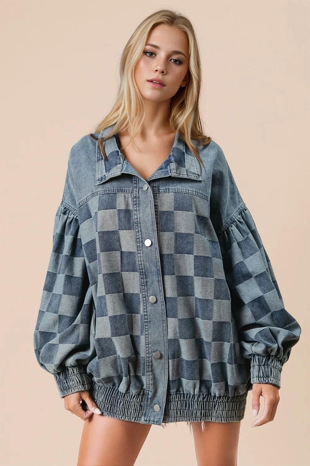 Double Take Checkered Button Up Denim Jacket Medium Denim Jackets