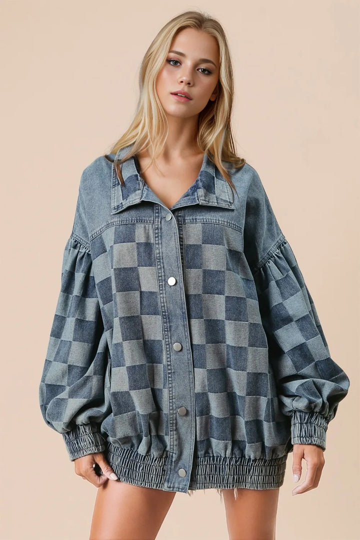 Double Take Checkered Button Up Denim Jacket Medium Denim Jackets