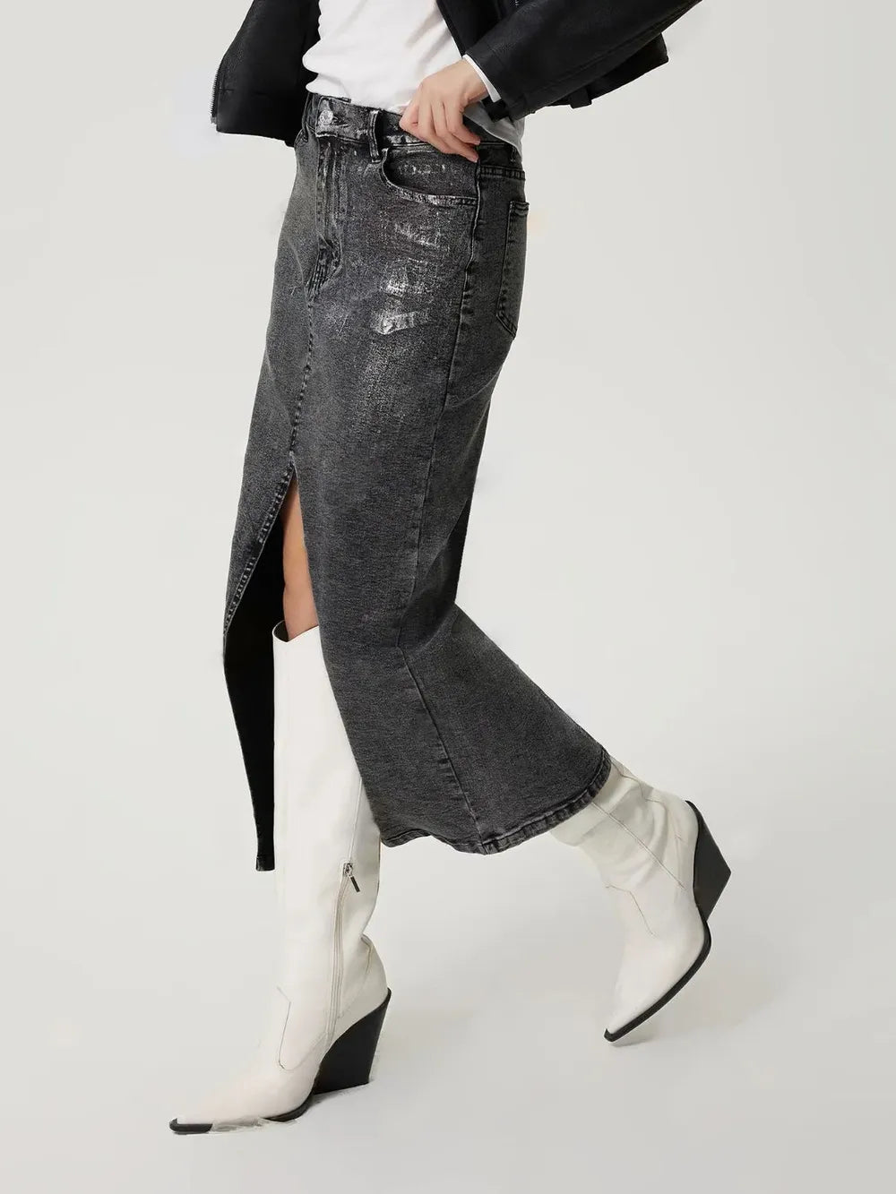 Dark gray distressed denim midi skirt with high slit and flared hem
