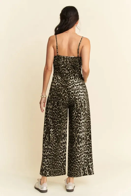 Davi & Dani Leopard Spaghetti Straps Wide Leg Jumpsuit Jumpsuits