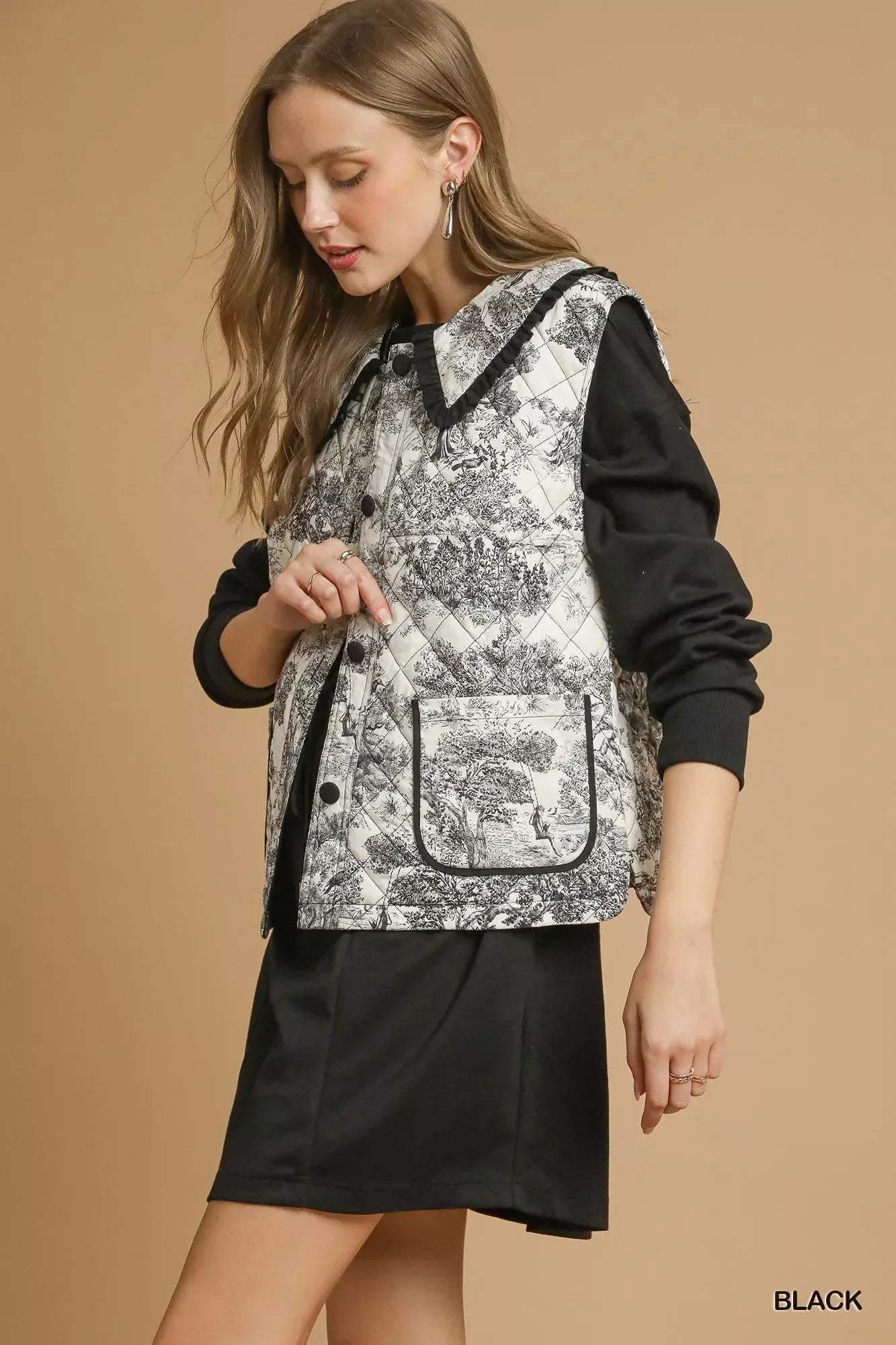 Umgee Toile Quilted Vest with Ruffle Collar - DAVERRI FASHIONS