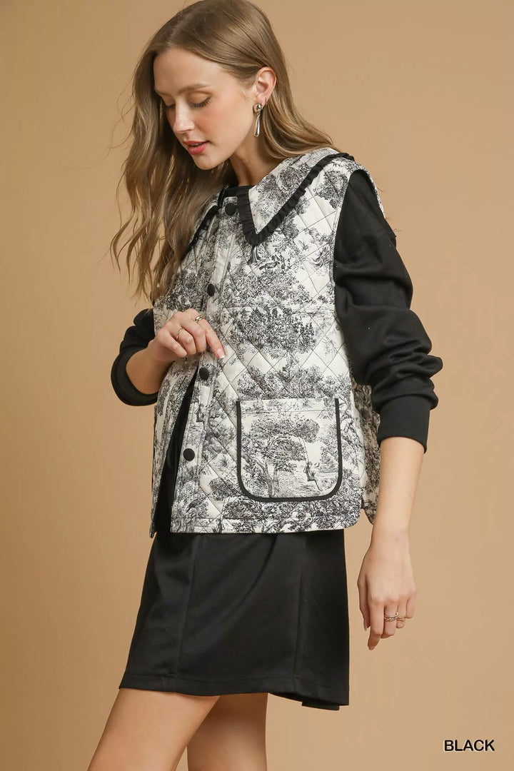 Umgee Toile Quilted Vest with Ruffle Collar | Vest Jackets Daverri Fashions