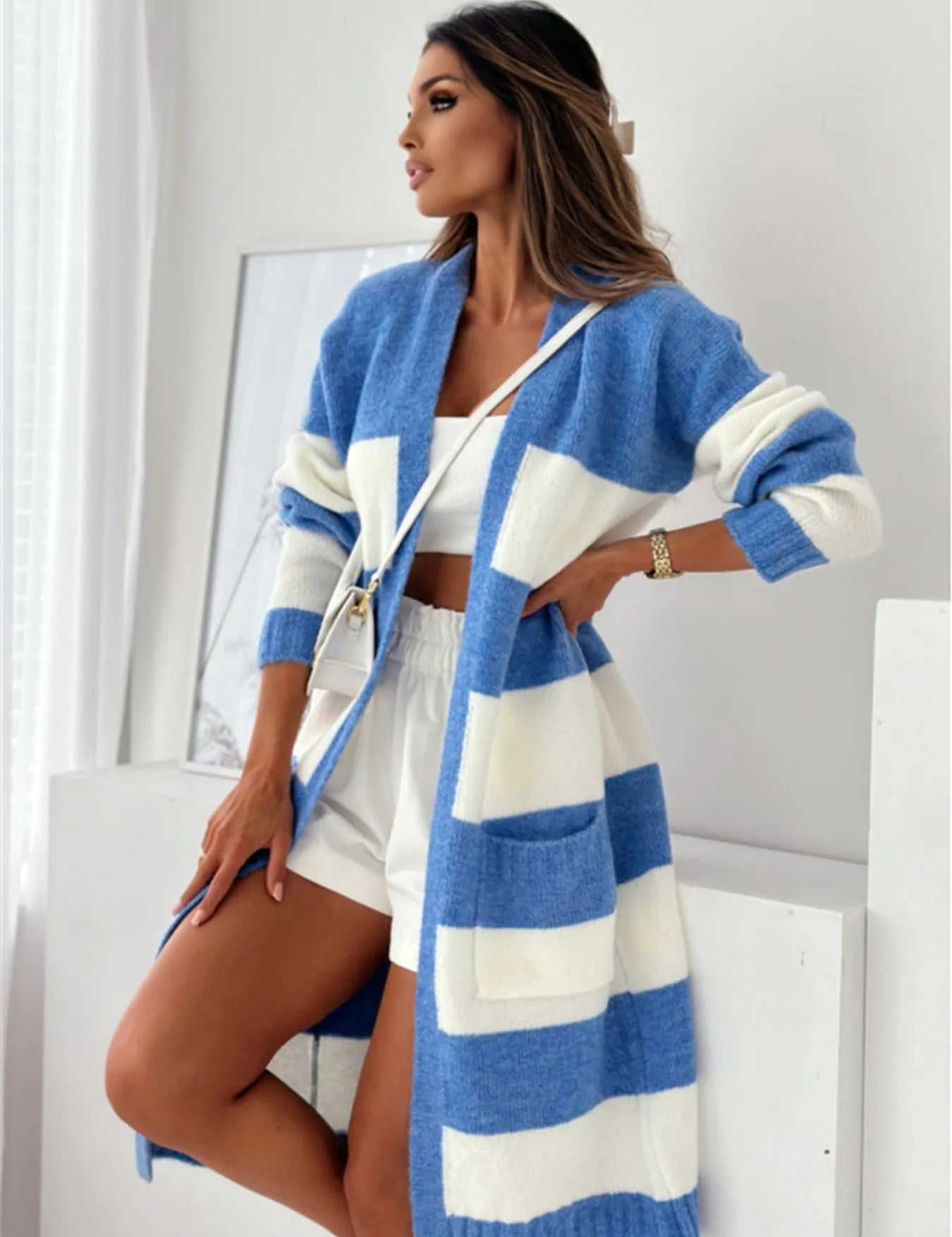 Blue Color Block Open Front Cardigan | Cardigans Daverri Fashions