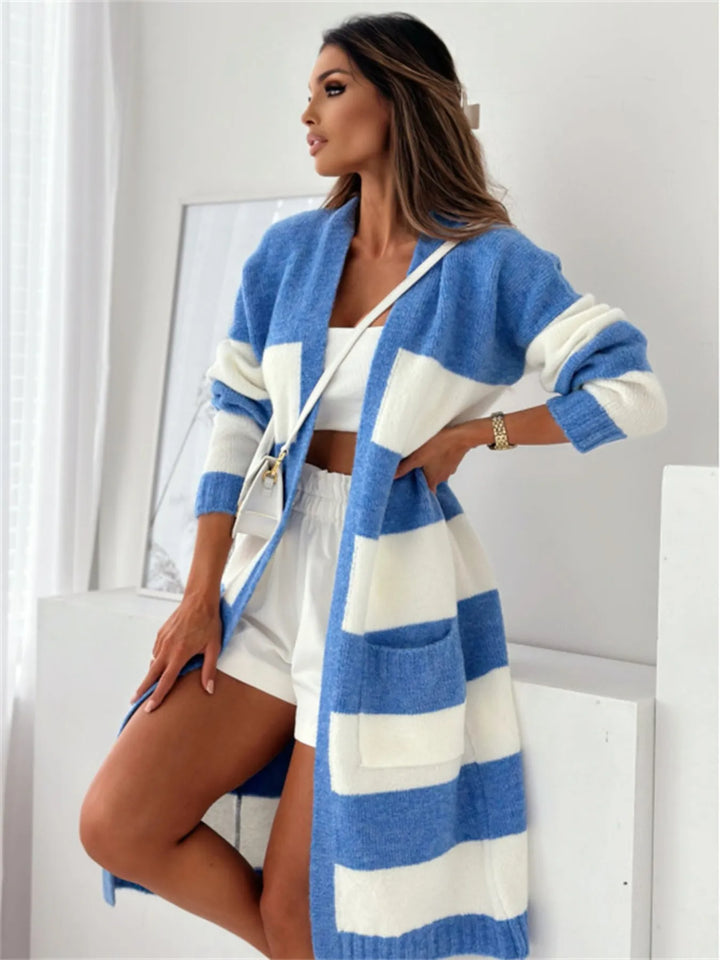 Blue Color Block Open Front Cardigan | Cardigans Daverri Fashions