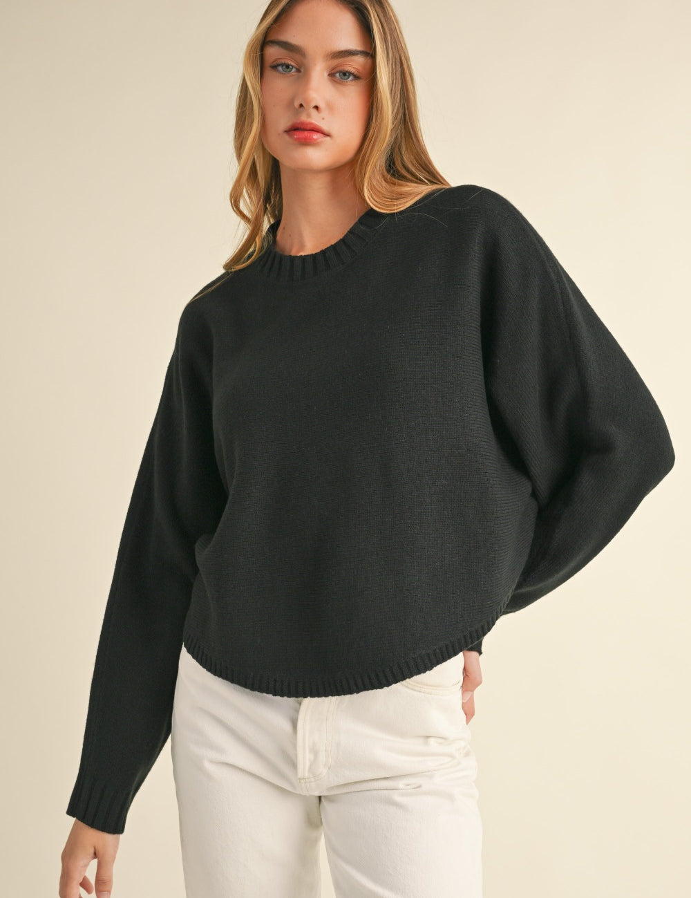 Mable Round Neck Dolman Sleeve Cropped Sweater Black Tops