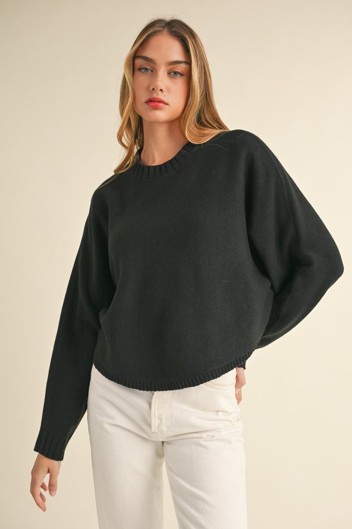 Mable Round Neck Dolman Sleeve Cropped Sweater Black Tops