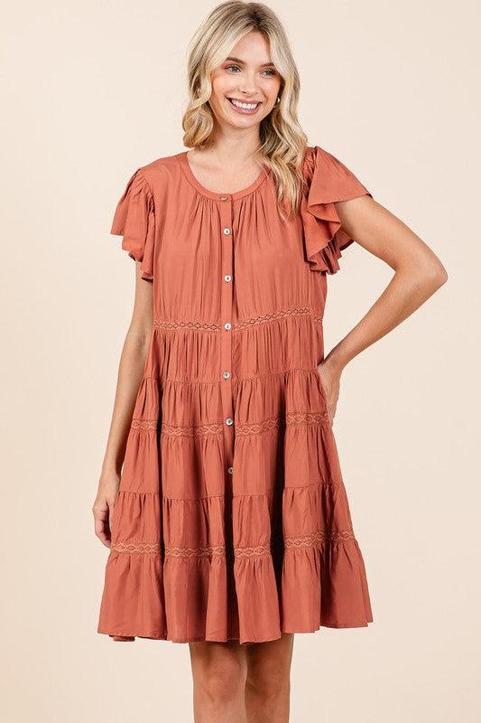 Mittoshop Lace Detail Ruffled Button Down Tiered Dress - DAVERRI FASHIONS