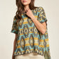 Davi & Dani high-low geometric round neck knit top in teal, yellow, gray