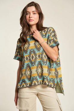 Davi & Dani high-low geometric round neck knit top in teal, yellow, gray