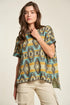 Davi & Dani high-low geometric round neck knit top in teal, yellow, gray