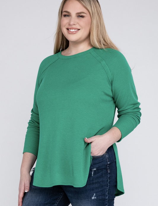 Plus Melange Baby Waffle Long Sleeve Top Plus Tops