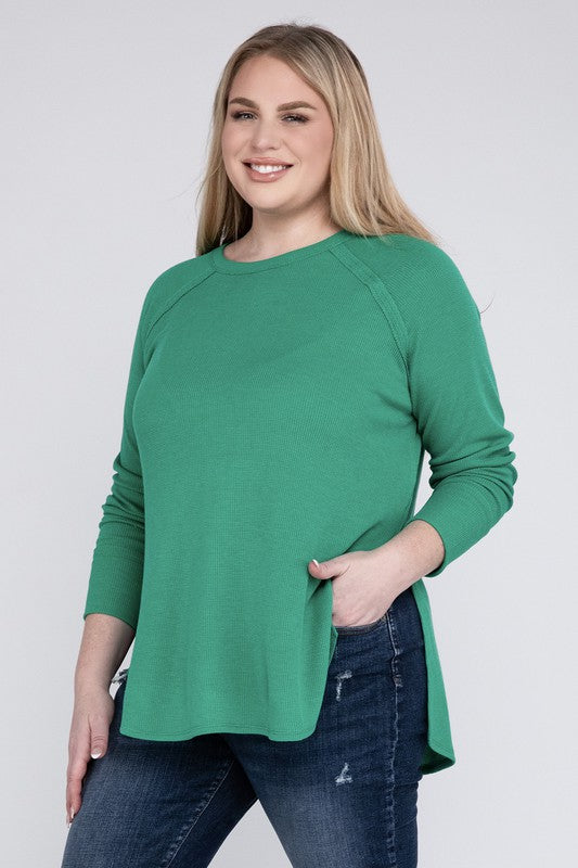 Plus Melange Baby Waffle Long Sleeve Top Plus Tops