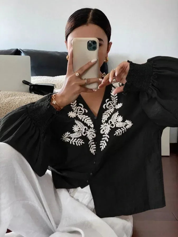 Daverri Fashions Embroidered Notched Long Sleeve Blouse - DAVERRI FASHIONS