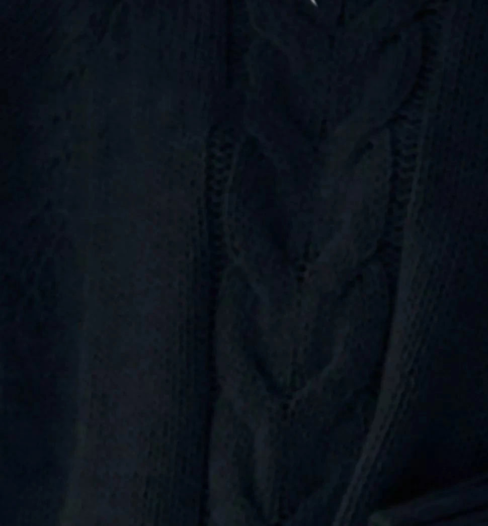 Dark textured cable-knit sweater with vertical stitching details