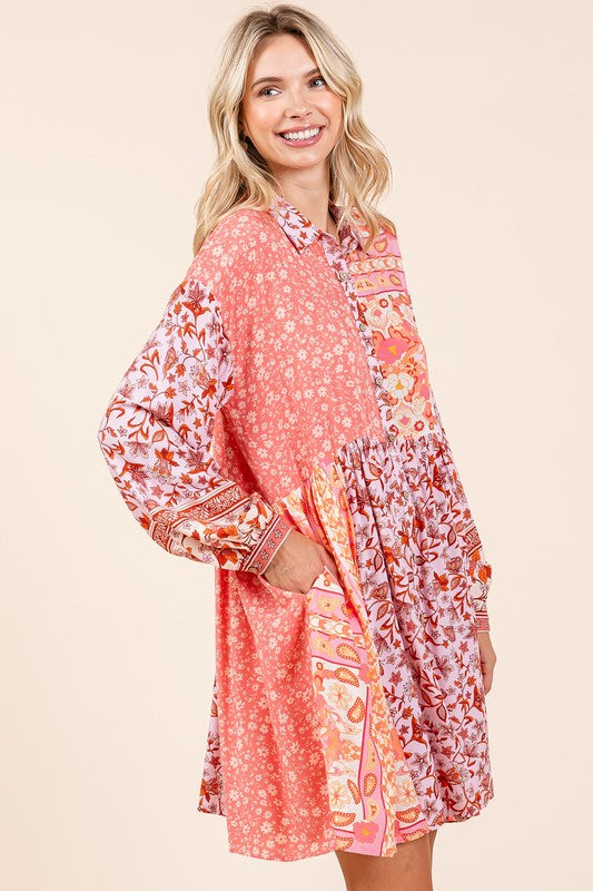 Mittoshop Coral Pink Floral Button Detail Long Sleeve Shirt Dress Mini Dresses