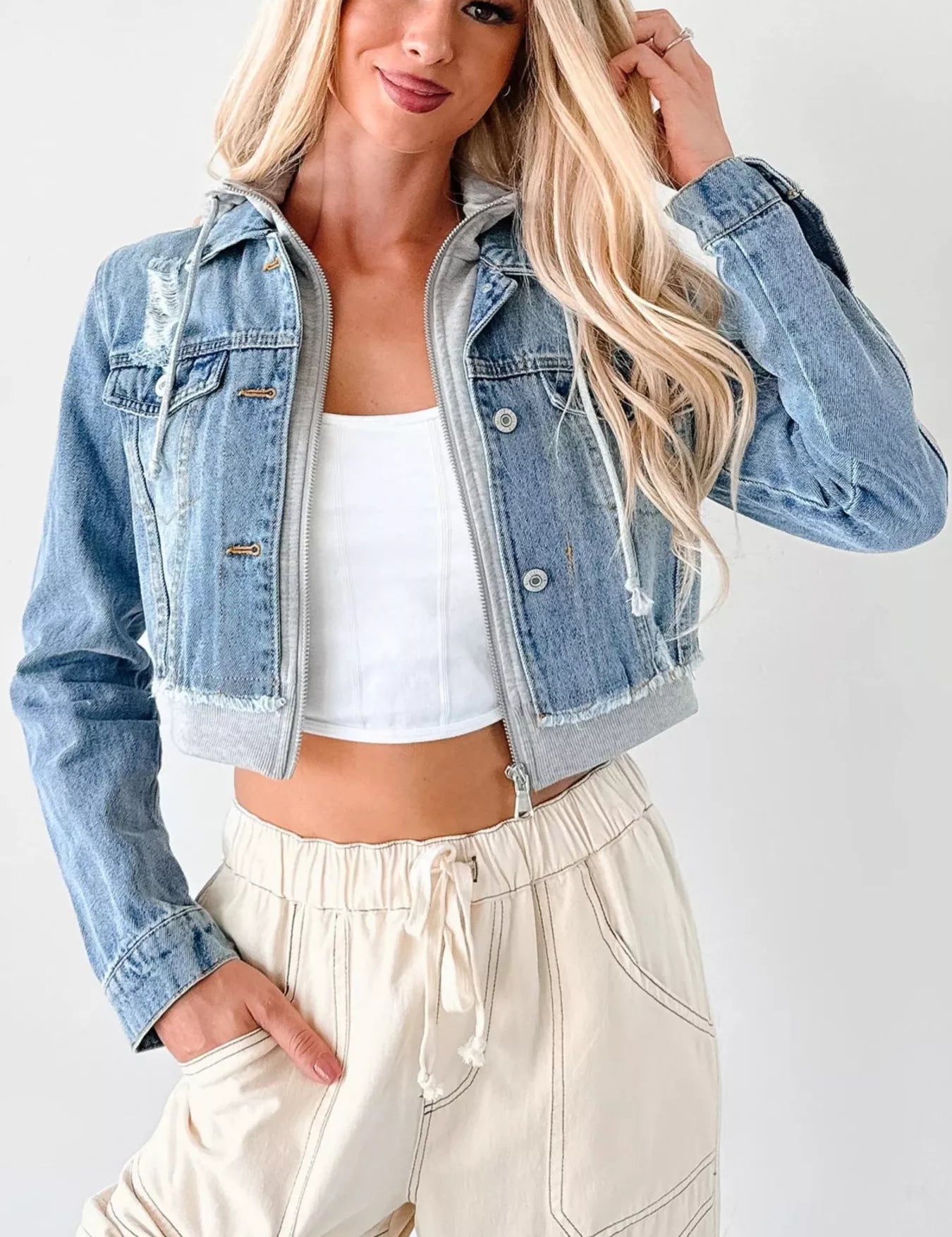 Dark Blue Gray Distressed Zip Up Cropped Hooded Denim Jacket | Denim Jackets Daverri Fashions