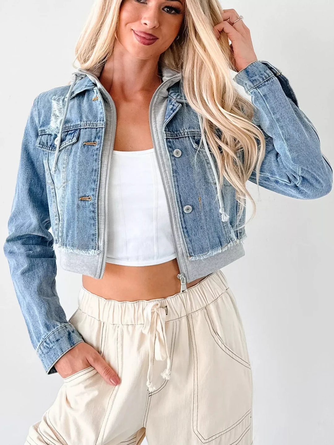 Dark Blue Gray Distressed Zip Up Cropped Hooded Denim Jacket | Denim Jackets Daverri Fashions