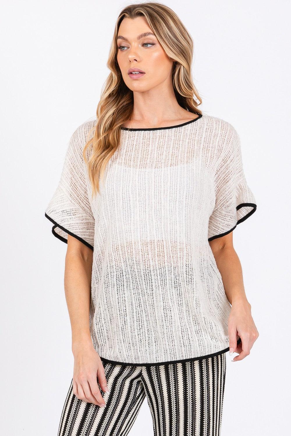 GeeGee Contrast Trim Short Sleeve Knit Cover Up - DAVERRI FASHIONS