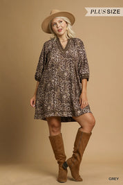 Umgee Full Size Leopard Print Mini Dress with Contrast Trim Plus Size | Mini Dresses Daverri Fashions