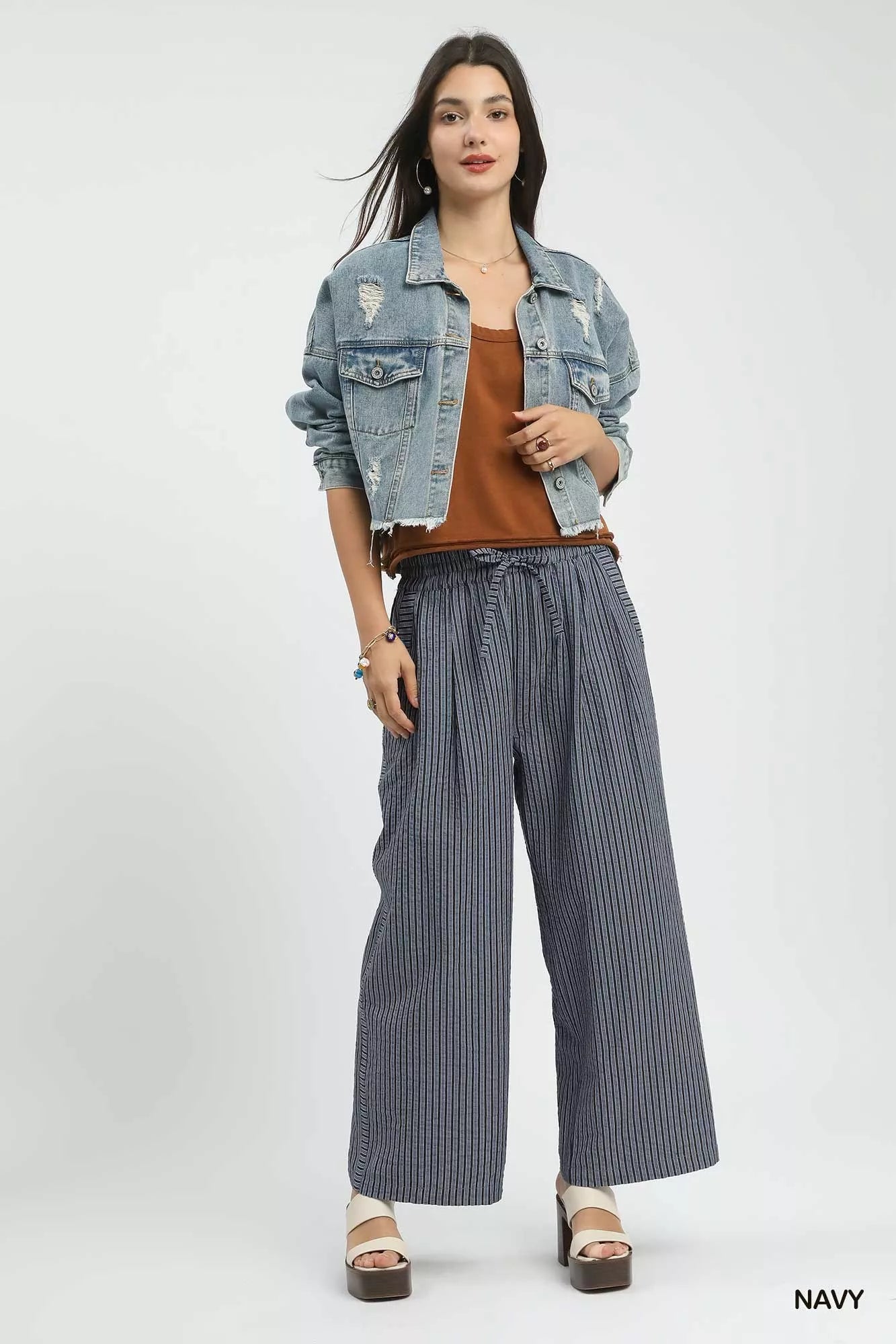 Umgee navy and white striped drawstring wide-leg pants