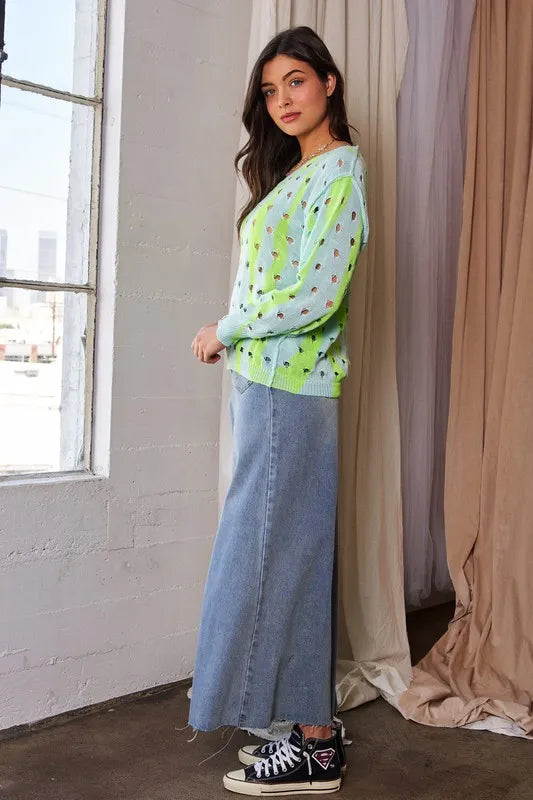 Vibrant lime green and light blue striped Davi & Dani openwork knit top with ice cream cones