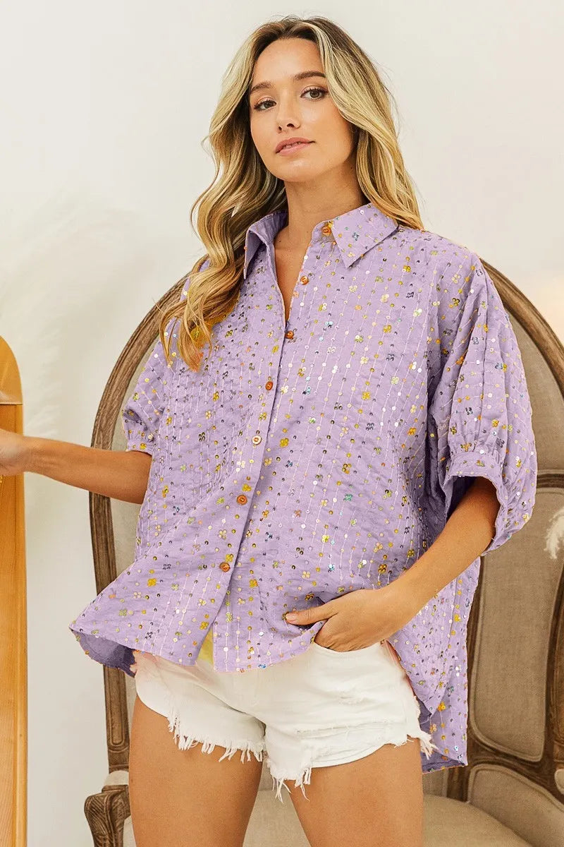 BiBi Sequin Striped Short Dolman Sleeve Blouse LAVENDER