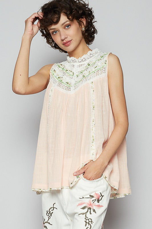 POL Lace Detail Floral Sleeveless Rayon Gauze Top Watermelon pink