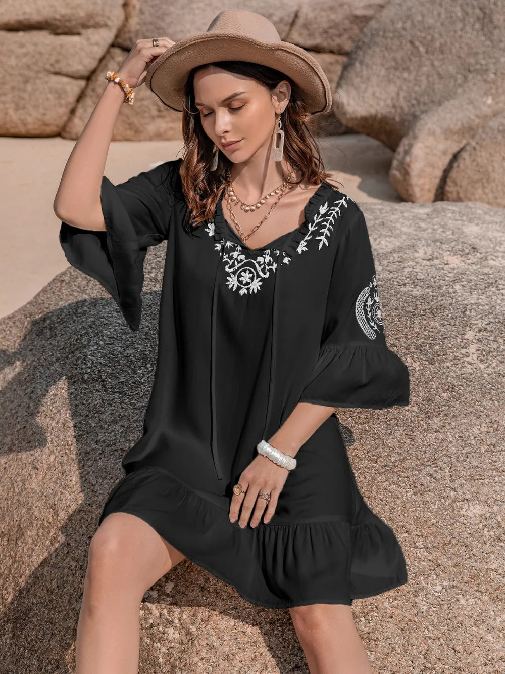 Printed Tie Neck Flounce Sleeve Mini Dress | Mini Dresses Daverri Fashions