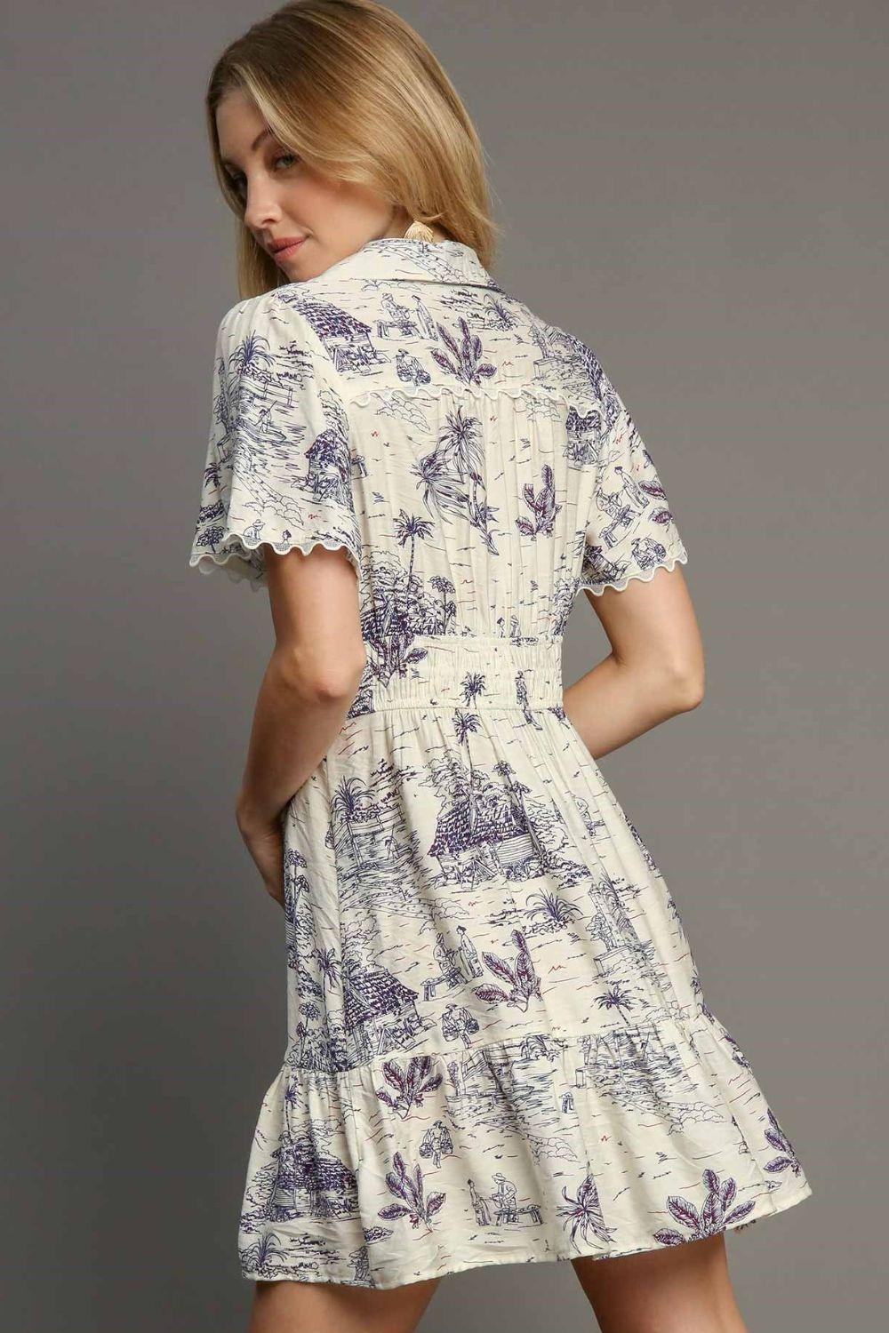 Umgee Full Size Landscape Print Collared Mini Dress Plus Size