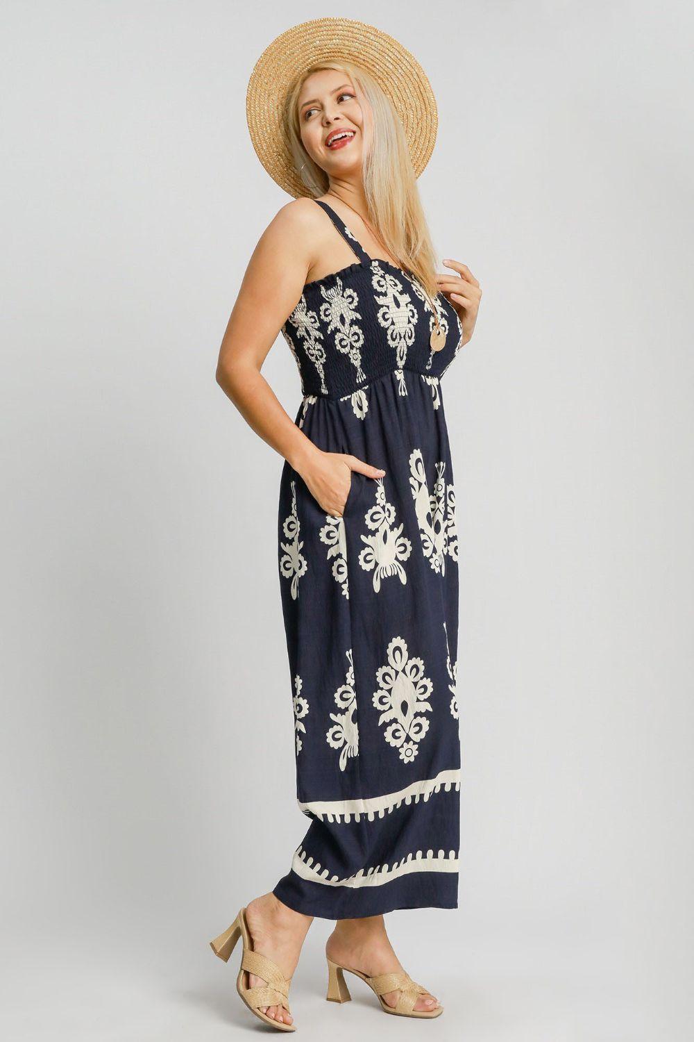Umgee Smocked Printed Wide Leg Jumpsuit Plus Size Jumpsuits