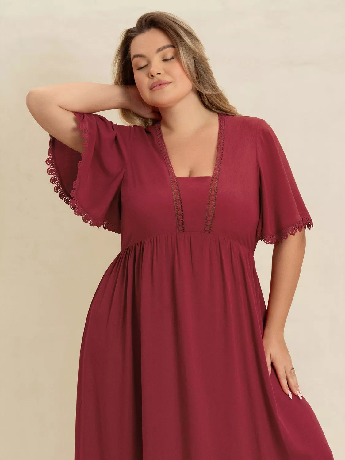 Plus Size Lace Detail Flutter Sleeve Maxi Dress | Maxi Dresses Daverri Fashions