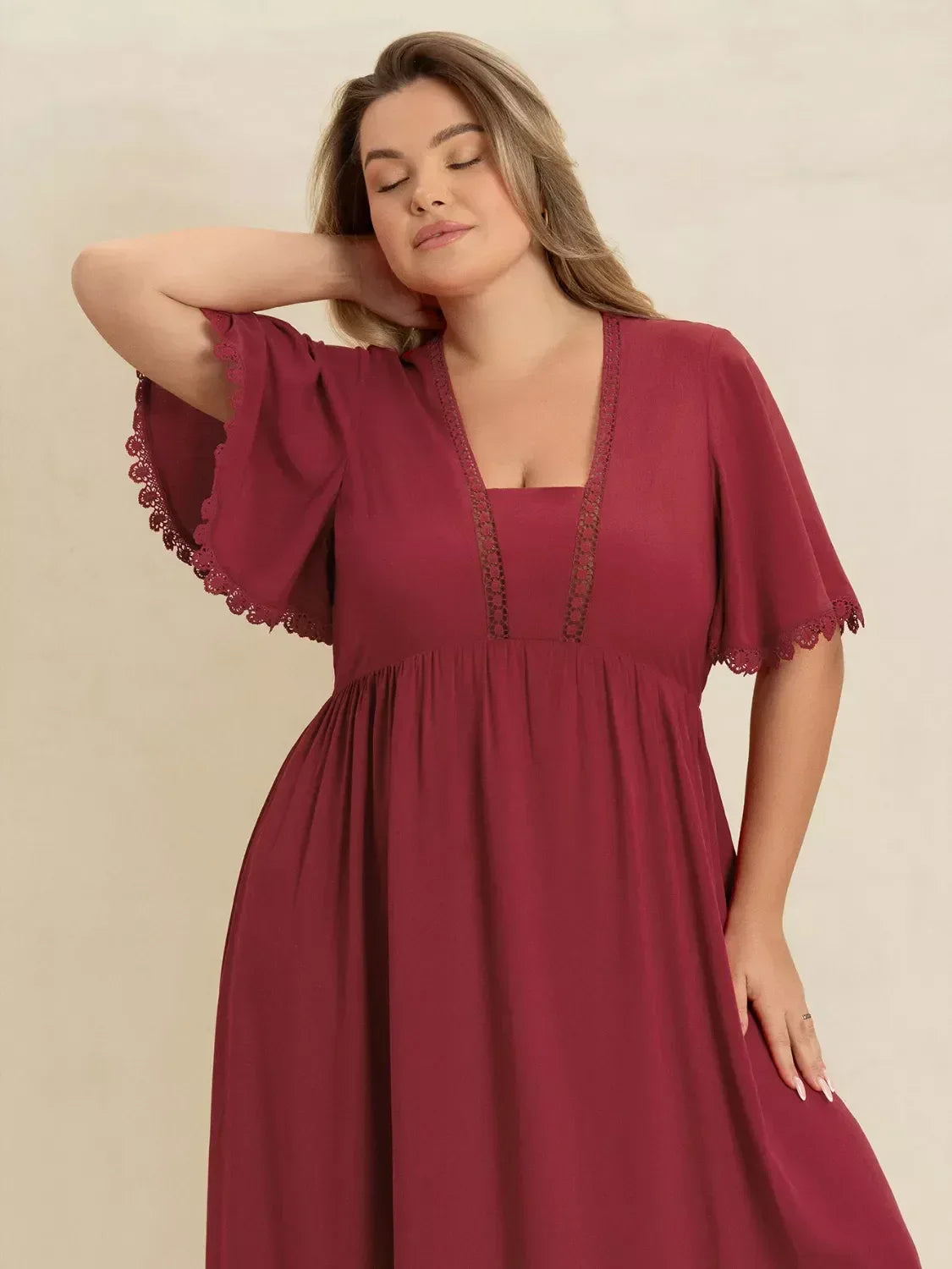 Plus Size Lace Detail Flutter Sleeve Maxi Dress - DAVERRI FASHIONS