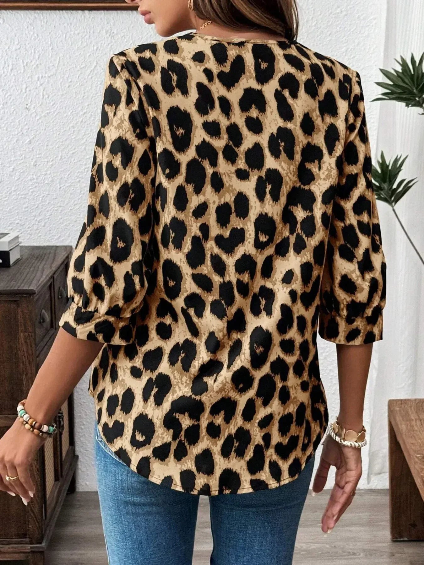 Leopard Print 3/4 Sleeve Blouse - DAVERRI FASHIONS