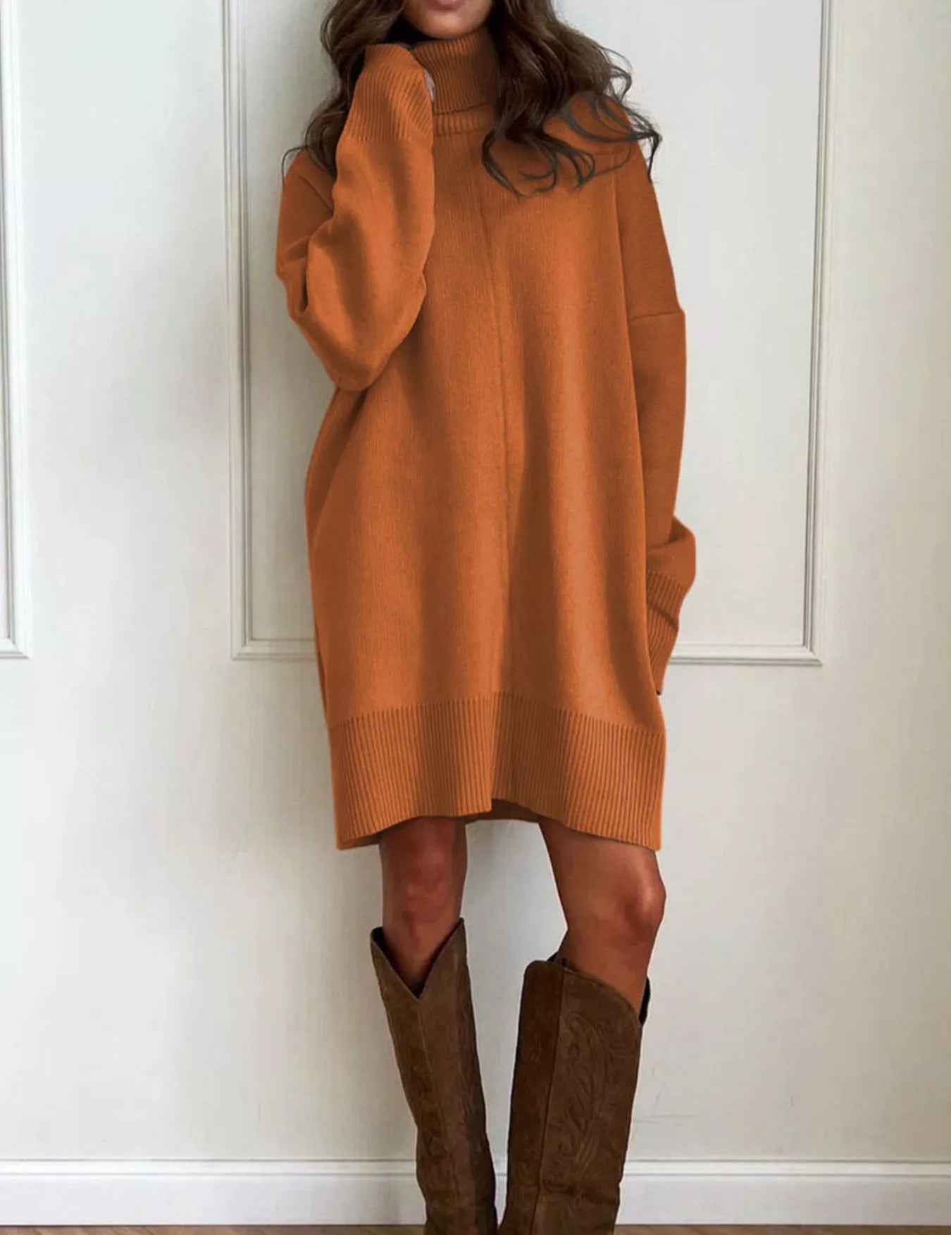 Caramel Solid Color Turtleneck Drop Shoulder Loose Fit Sweater Dress | Mini Dresses Daverri Fashions