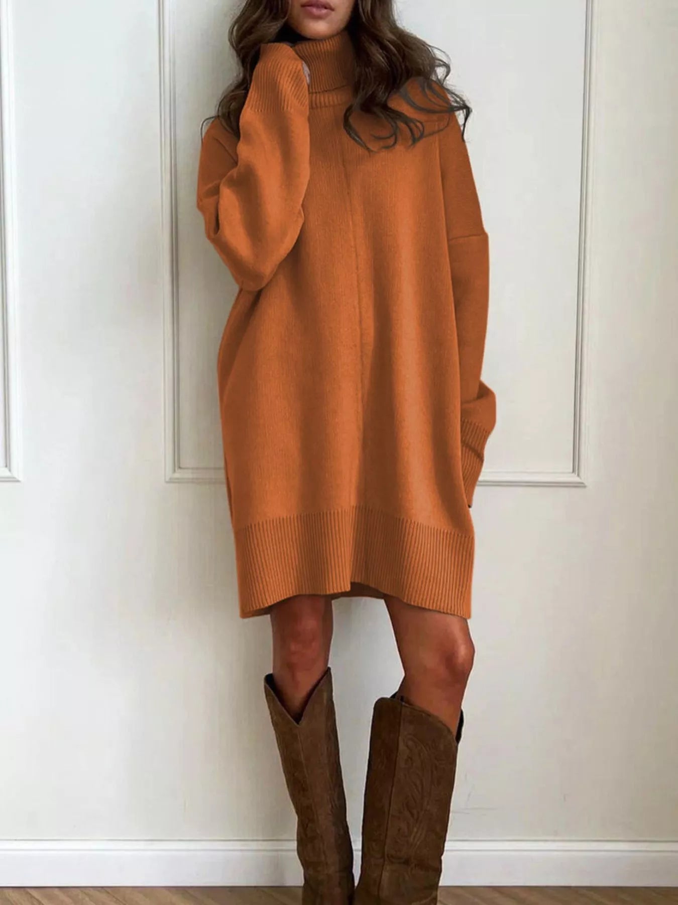 Caramel Solid Color Turtleneck Drop Shoulder Loose Fit Sweater Dress | Mini Dresses Daverri Fashions