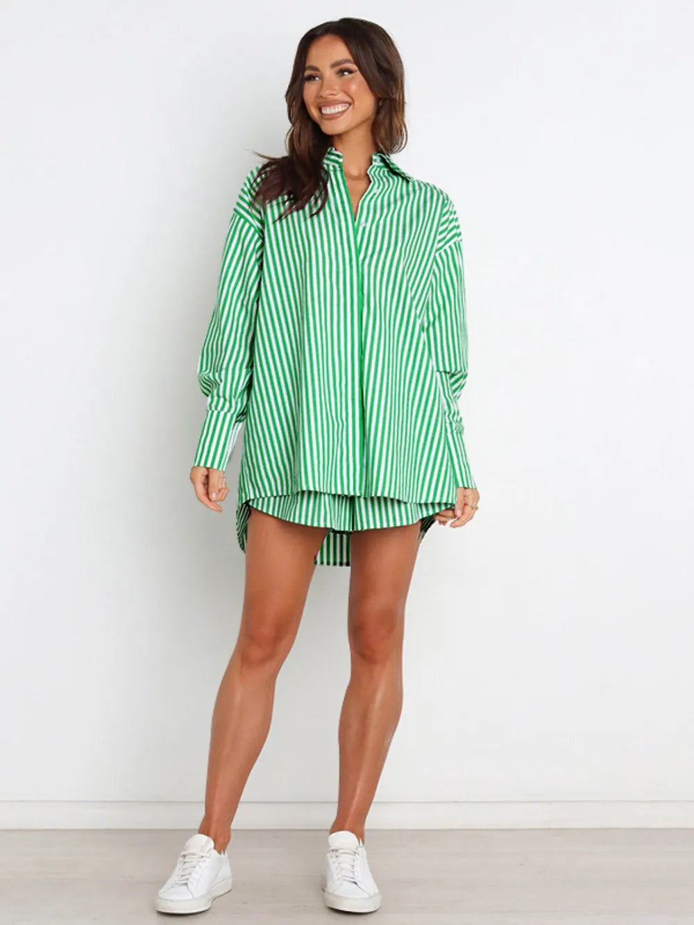 Green and white striped oversized button-down shirt dress